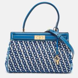 Tory Burch Blue Canvas and Velvet Small Lee Radziwill Top Handle Bag