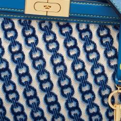 Tory Burch Blue Canvas and Velvet Small Lee Radziwill Top Handle Bag