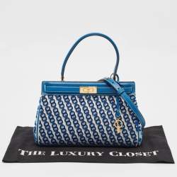 Tory Burch Blue Canvas and Velvet Small Lee Radziwill Top Handle Bag