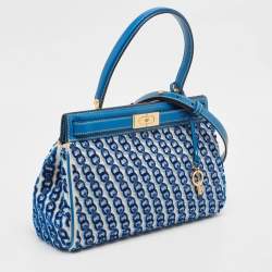 Tory Burch Blue Canvas and Velvet Small Lee Radziwill Top Handle Bag