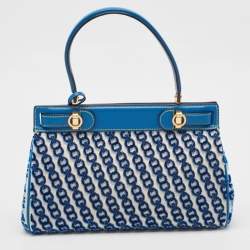 Tory Burch Blue Canvas and Velvet Small Lee Radziwill Top Handle Bag