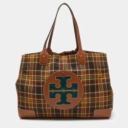 Tory Burch Multicolor Plaid Fabric and Leather Ella Shopper Tote