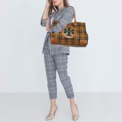 Tory Burch Multicolor Plaid Fabric and Leather Ella Shopper Tote