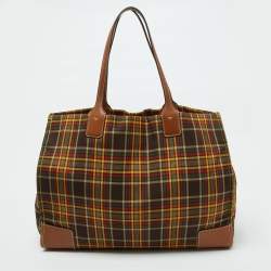 Tory Burch Multicolor Plaid Fabric and Leather Ella Shopper Tote