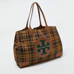 Tory Burch Multicolor Plaid Fabric and Leather Ella Shopper Tote