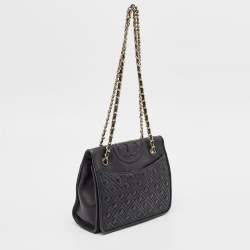 Pre Owned Tory Burch Black Leather Medium Fleming Shoulder Bag