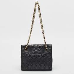 Pre Owned Tory Burch Black Leather Medium Fleming Shoulder Bag
