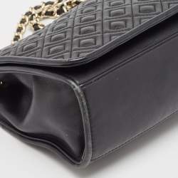 Pre Owned Tory Burch Black Leather Medium Fleming Shoulder Bag