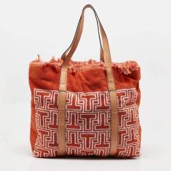 Pre Owned Tory Burch Orange/White Terry Cloth and Leather Printed Tote