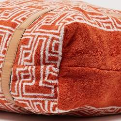 Pre Owned Tory Burch Orange/White Terry Cloth and Leather Printed Tote