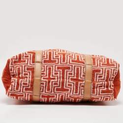 Pre Owned Tory Burch Orange/White Terry Cloth and Leather Printed Tote