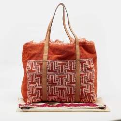 Pre Owned Tory Burch Orange/White Terry Cloth and Leather Printed Tote