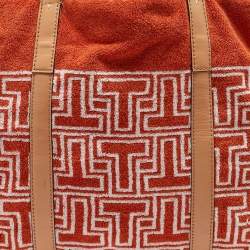 Pre Owned Tory Burch Orange/White Terry Cloth and Leather Printed Tote