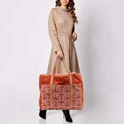 Pre Owned Tory Burch Orange/White Terry Cloth and Leather Printed Tote