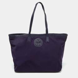 Pre Owned Tory Burch Purple Nylon and Leather Marion Logo Whipstitch Tote