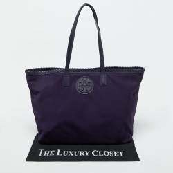 Pre Owned Tory Burch Purple Nylon and Leather Marion Logo Whipstitch Tote