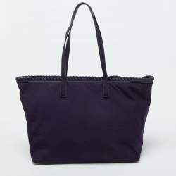 Pre Owned Tory Burch Purple Nylon and Leather Marion Logo Whipstitch Tote