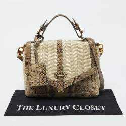 Tory Burch Beige/Brown Snakeskin Embossed Leather and Raffia Top Handle Bag