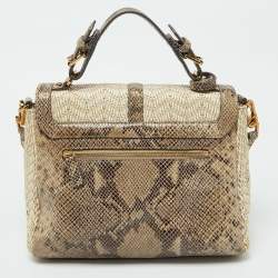 Tory Burch Beige/Brown Snakeskin Embossed Leather and Raffia Top Handle Bag