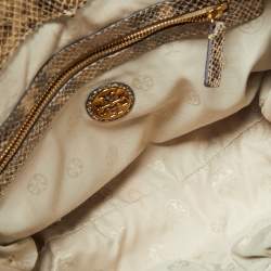 Tory Burch Beige/Brown Snakeskin Embossed Leather and Raffia Top Handle Bag