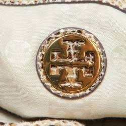 Tory Burch Beige/Brown Snakeskin Embossed Leather and Raffia Top Handle Bag