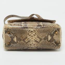 Tory Burch Beige/Brown Snakeskin Embossed Leather and Raffia Top Handle Bag