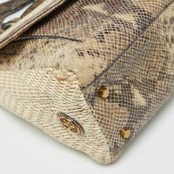 Tory Burch Beige/Brown Snakeskin Embossed Leather and Raffia Top Handle Bag