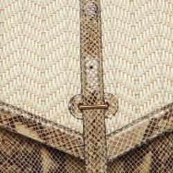 Tory Burch Beige/Brown Snakeskin Embossed Leather and Raffia Top Handle Bag
