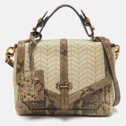 Tory Burch Beige/Brown Snakeskin Embossed Leather and Raffia Top Handle Bag