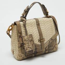 Tory Burch Beige/Brown Snakeskin Embossed Leather and Raffia Top Handle Bag