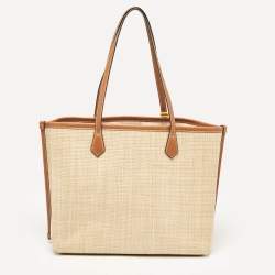 Tory Burch Brown/Beige Leather and Straw Embroidered Perry Shopper Tote