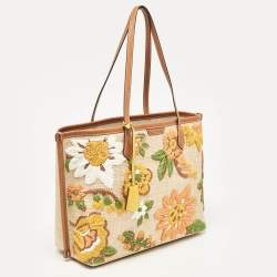 Tory Burch Brown/Beige Leather and Straw Embroidered Perry Shopper Tote