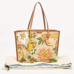 Tory Burch Brown/Beige Leather and Straw Embroidered Perry Shopper Tote