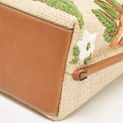 Tory Burch Brown/Beige Leather and Straw Embroidered Perry Shopper Tote