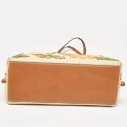 Tory Burch Brown/Beige Leather and Straw Embroidered Perry Shopper Tote