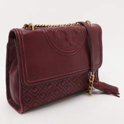 Pre Owned Tory Burch Burgundy Quilted Leather Fleming Shoulder Bag