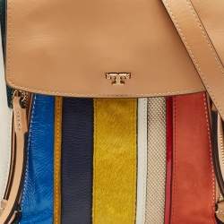 Tory Burch Multicolor Mix Leather and Canvas Balloon Stripe Half Moon Satchel
