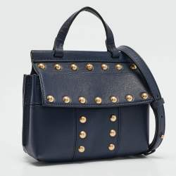 Tory Burch Navy Blue Leather Mini Block-T Top Handle Bag