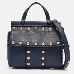 Tory Burch Navy Blue Leather Mini Block-T Top Handle Bag