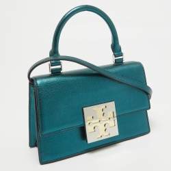 Tory Burch Teal Green Glossy Leather Mini Bon Bon Top Handle Bag