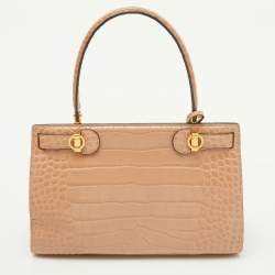 Pre Owned Tory Burch Beige Croc Embossed Leather Small Lee Radziwill Top Handle Bag