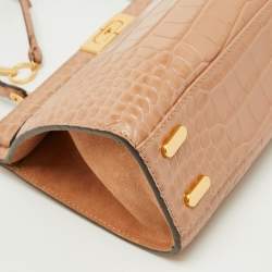 Pre Owned Tory Burch Beige Croc Embossed Leather Small Lee Radziwill Top Handle Bag
