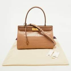 Pre Owned Tory Burch Beige Croc Embossed Leather Small Lee Radziwill Top Handle Bag