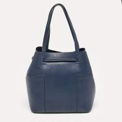 Pre Owned Tory Burch Navy Blue Leather Mini Block-T Bucket Bag