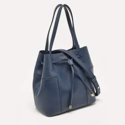 Pre Owned Tory Burch Navy Blue Leather Mini Block-T Bucket Bag