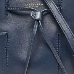 Pre Owned Tory Burch Navy Blue Leather Mini Block-T Bucket Bag