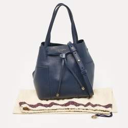 Pre Owned Tory Burch Navy Blue Leather Mini Block-T Bucket Bag