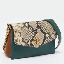 Pre Owned Tory Burch Multicolor Suede, Python Embossed and Leather Kira Flap Crossbody Bag