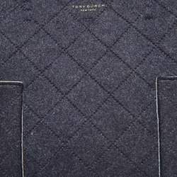 Tory Burch Navy Blue Felt Fabric and Patent Leather Block-T Shopper Tote