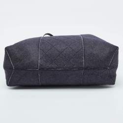 Tory Burch Navy Blue Felt Fabric and Patent Leather Block-T Shopper Tote